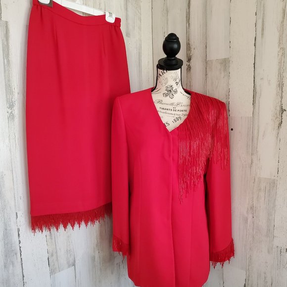 VINTAGE CARAMIA 2 PIECE BEADED FRINGE SKIRT SET SUIT - Picture 1 of 13